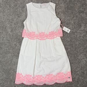 Vineyard Vines Girls Large White Pink Embroidered Tiered Sleeveless Dress NWT